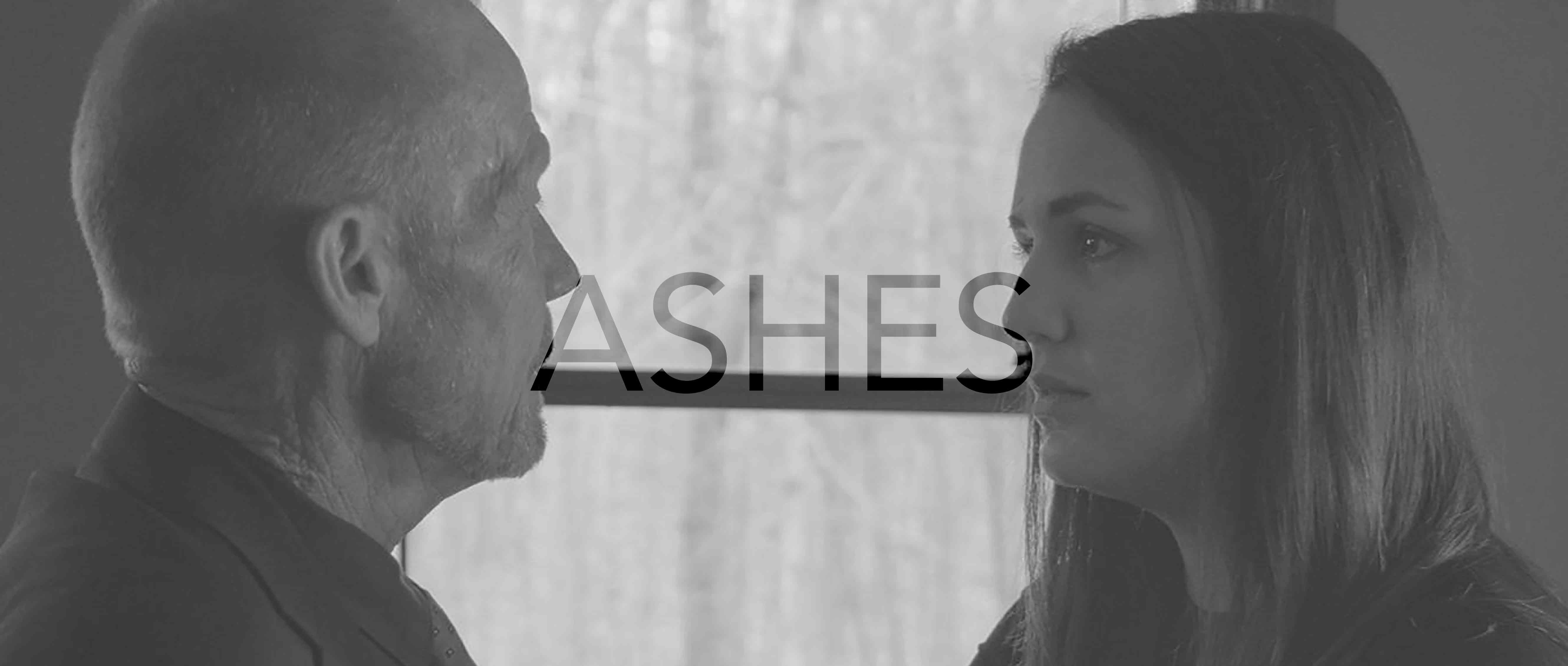 Ashes: a black and white image of a young woman and an older man looking at each other, it's tense
